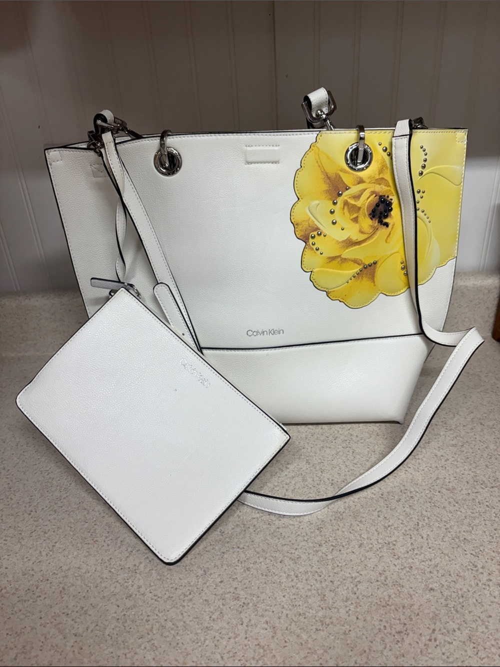 Calvin Klein White Tote with Yellow Floral Detail